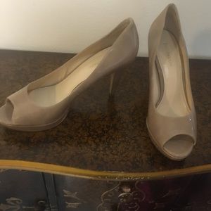 Tan patent leather  Enzo platform open toe heels